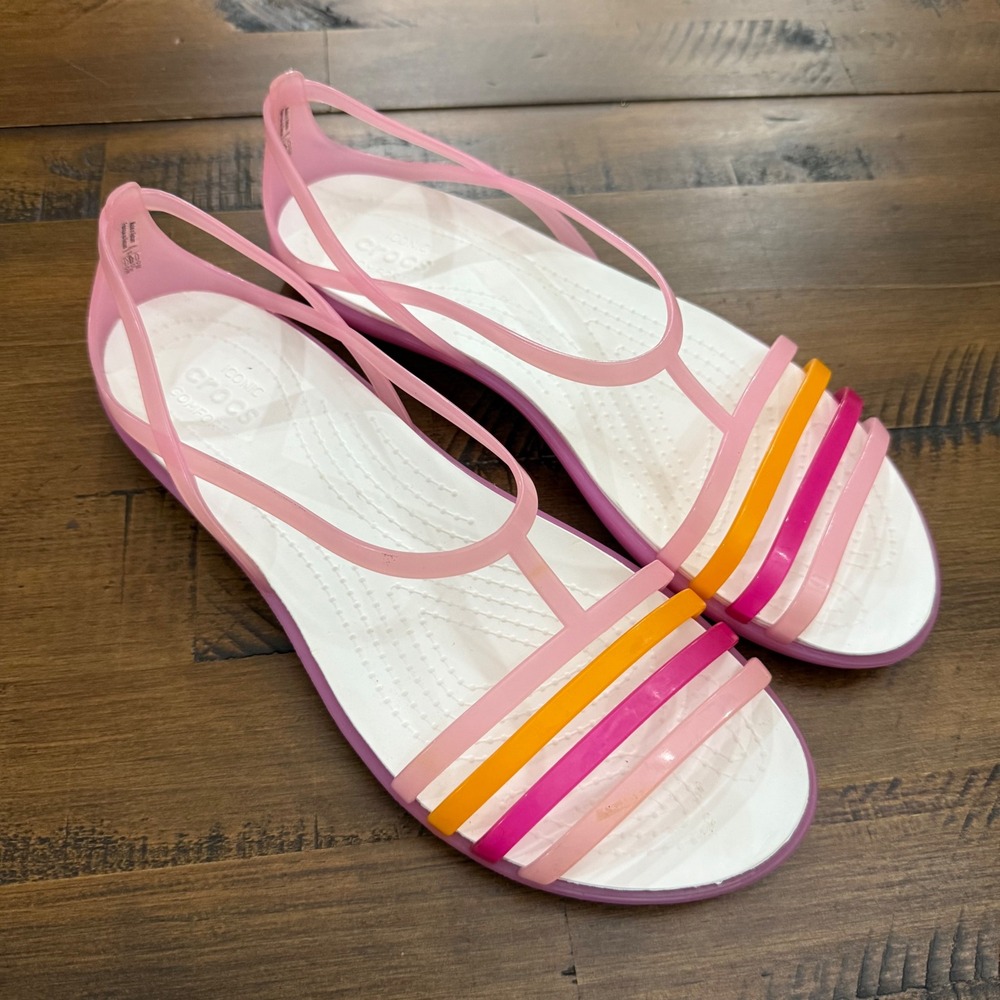 Crocs Women's Isabella Pink Multi Strappy Sandal Flats Jelly Comfort size 9